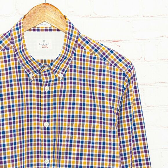 Hartford Slim Fit Button up Shirt Yellow Blue Check Cotton Size 2XL - Picture 4 of 6